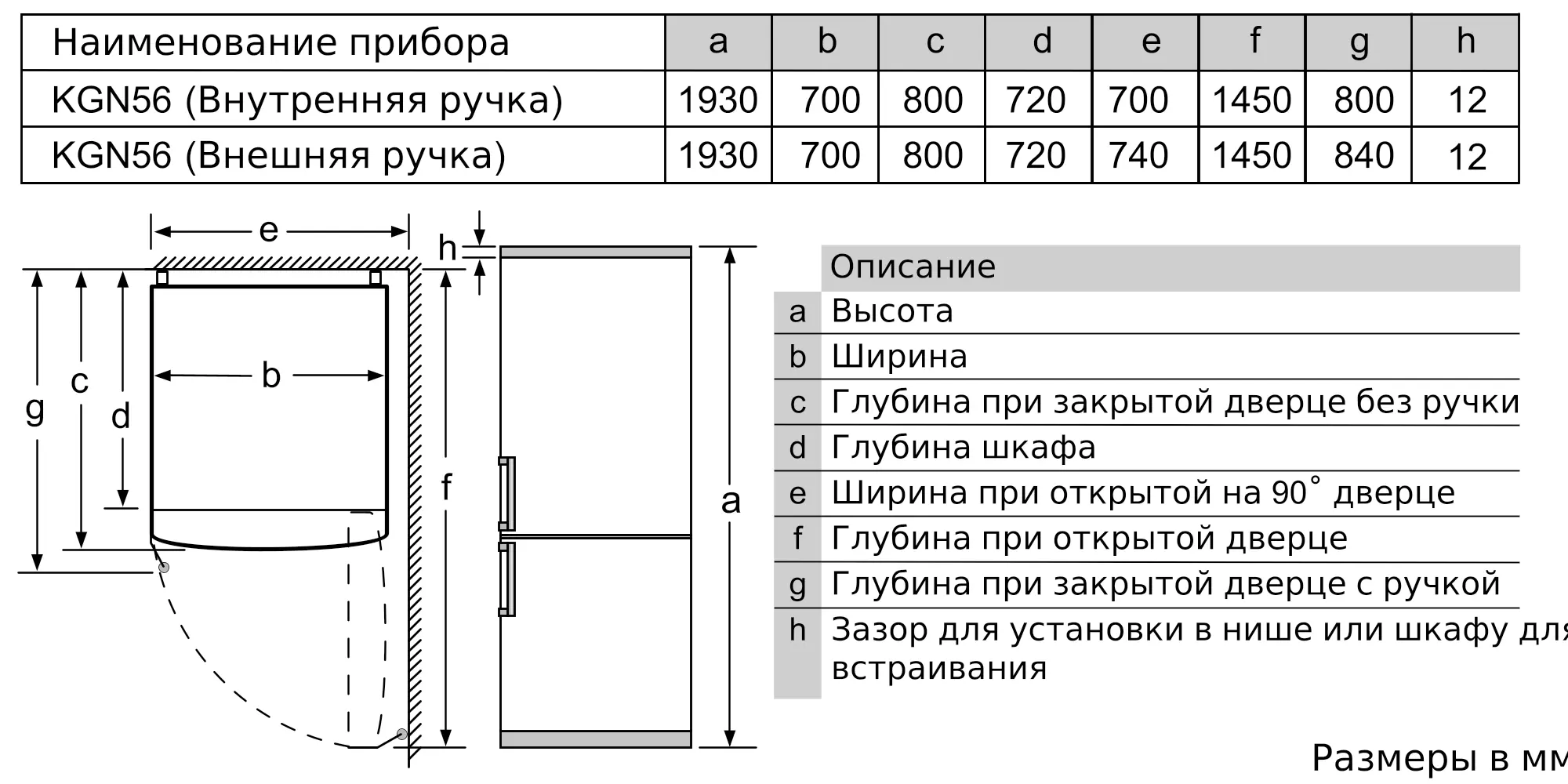 Serie|6 Отдельностоящий холодильник с нижней морозильной камерой 193 х 70 х 80 см, белое стекло — схема монтажа 1