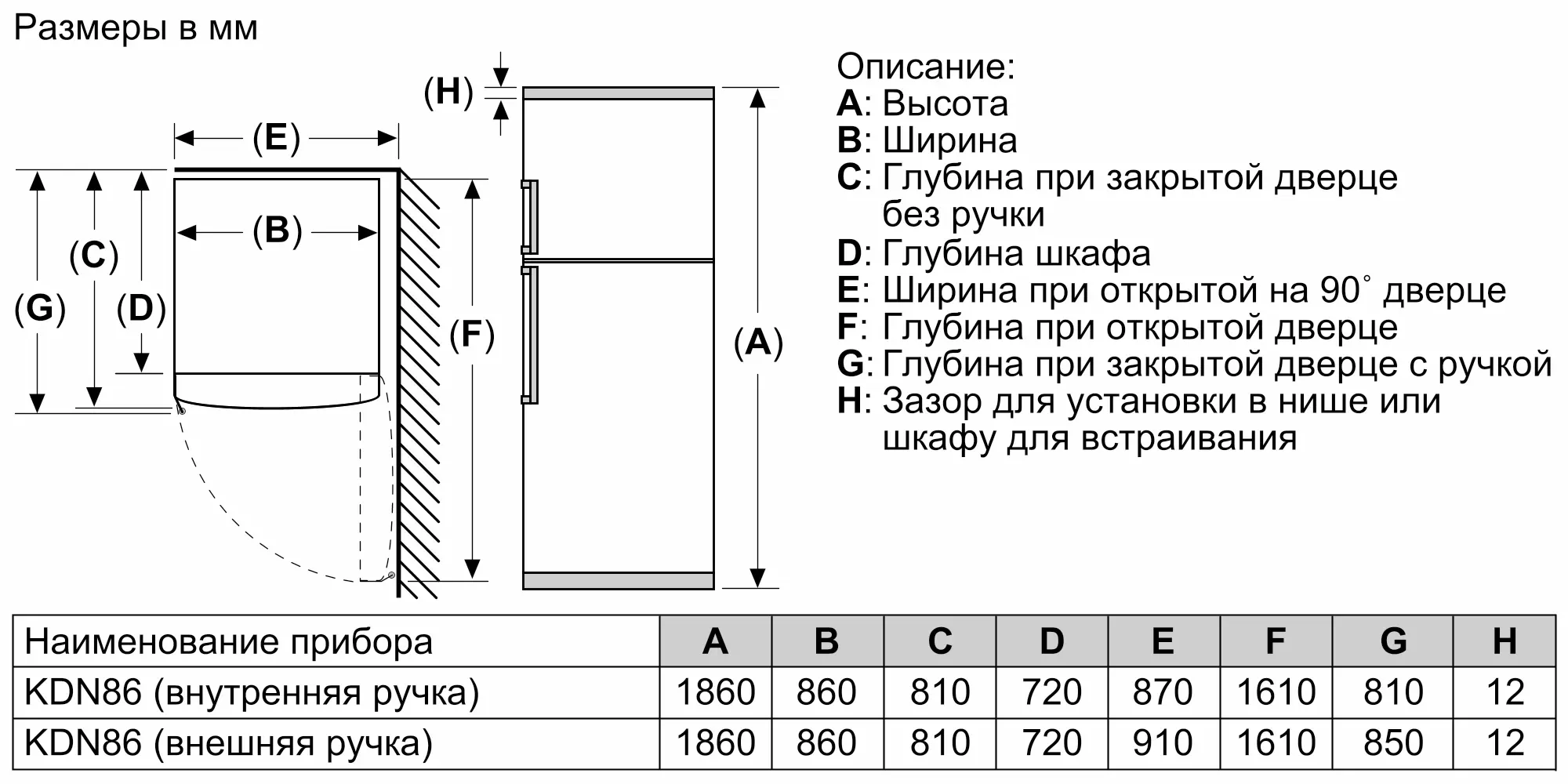 Serie|6 Отдельностоящий холодильник с верхней морозильной камерой с диспенсером 186 х 86 х 80 см, нержавеющая сталь — схема монтажа 1