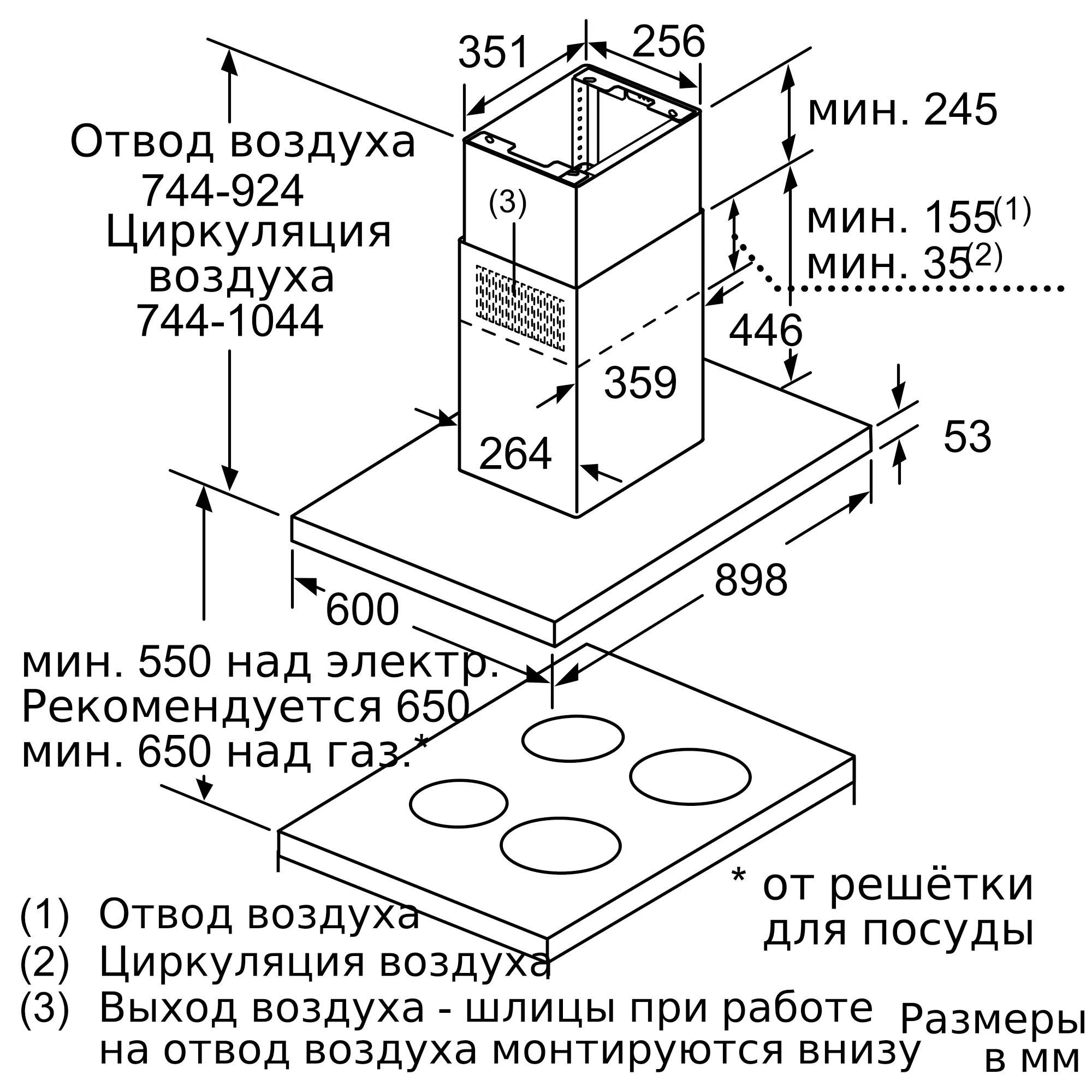 Serie|4 Вытяжка островная 90 см, нержавеющая сталь — схема монтажа 1