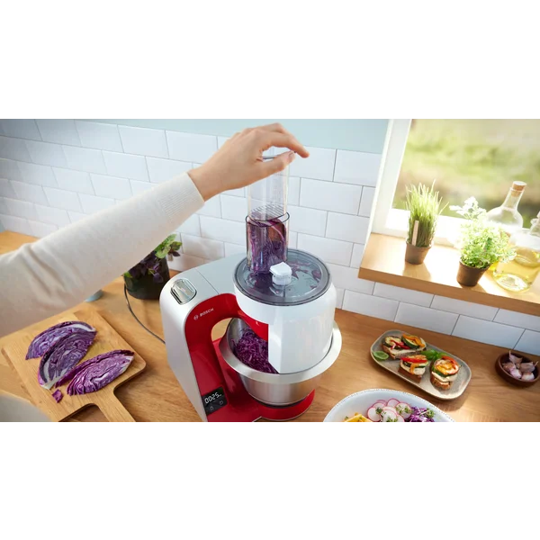 Кухонный комбайн 1000 ватт со встроенными весами и таймером (+овощерезка, блендер) красный - изображение 9